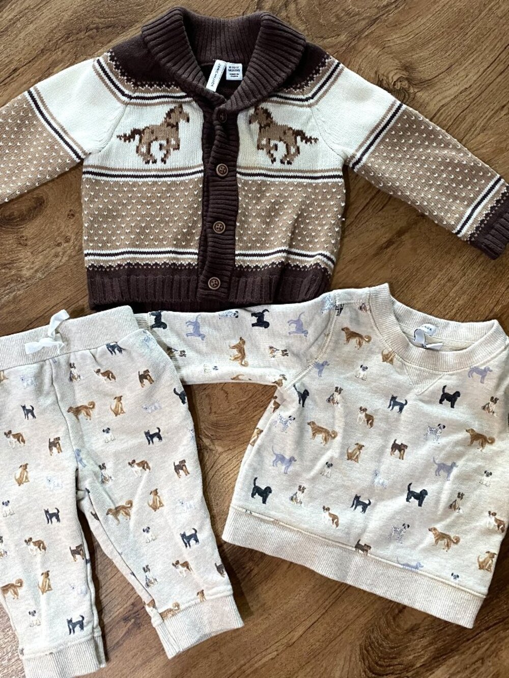 JANIE AND JACK $150 Lot-Horse Cardigan & Dog Sweatshirt & Jogger Set-6-12 M